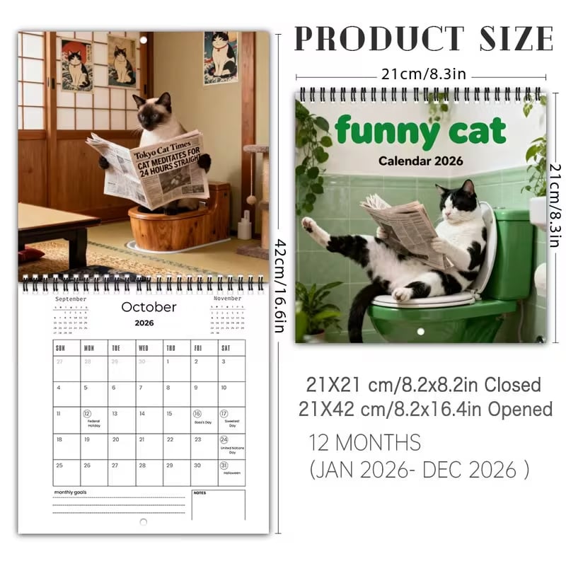 Weird cats in renaissance 2026 Wall Calendar,2026 Funny Cat Calendar - 12-Month Wall Calendar with Hanging Hole, Cute Toilet Cat Design, Perfect Gift for Cat Lovers, Office & Home Decor, Home Decoration, Playful Design, Durable Paper