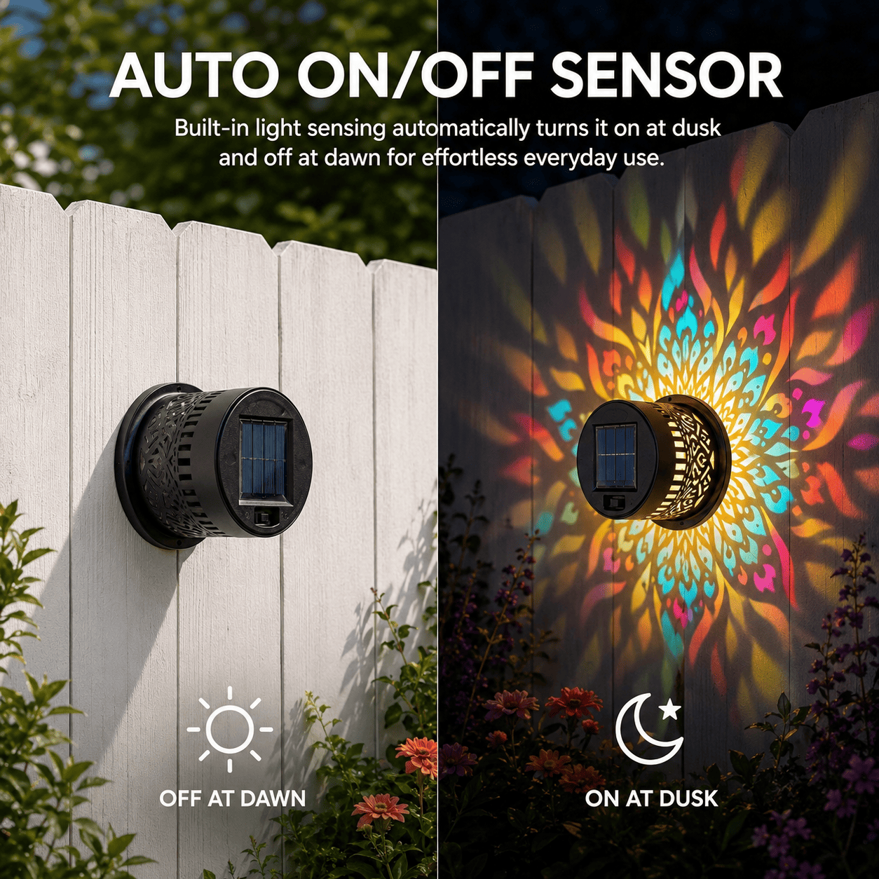 Solar Mandala Wall Light Outdoor Garden Fence Projector Lamp Patio Ambient Decor
