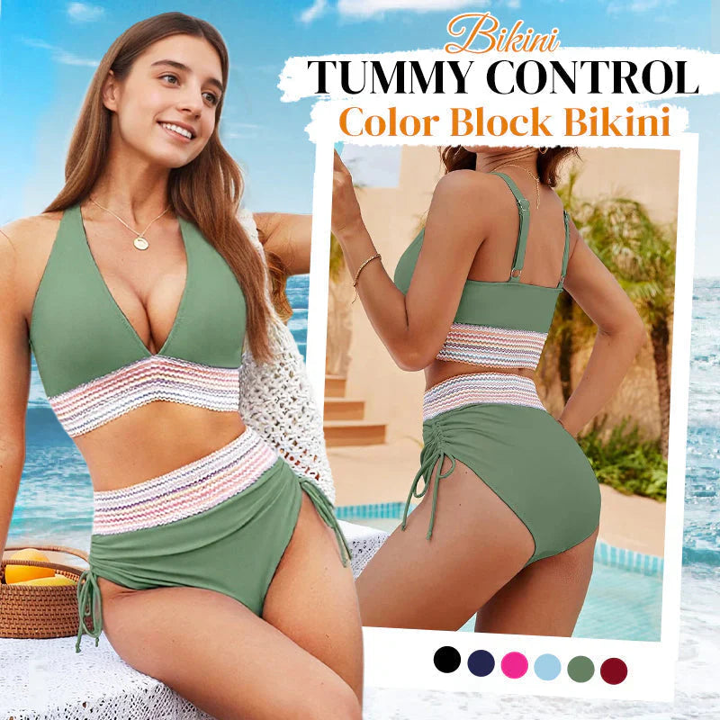 👙High Waisted Tummy Control Color Block Bikini Sets