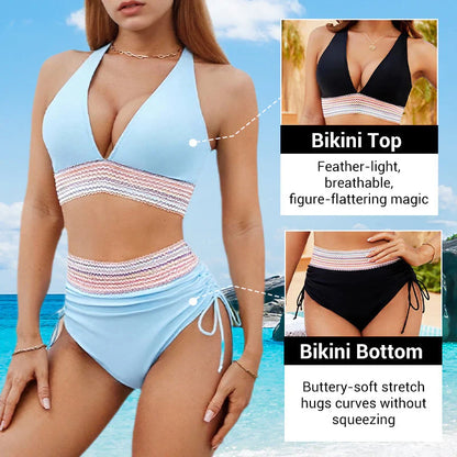 👙High Waisted Tummy Control Color Block Bikini Sets