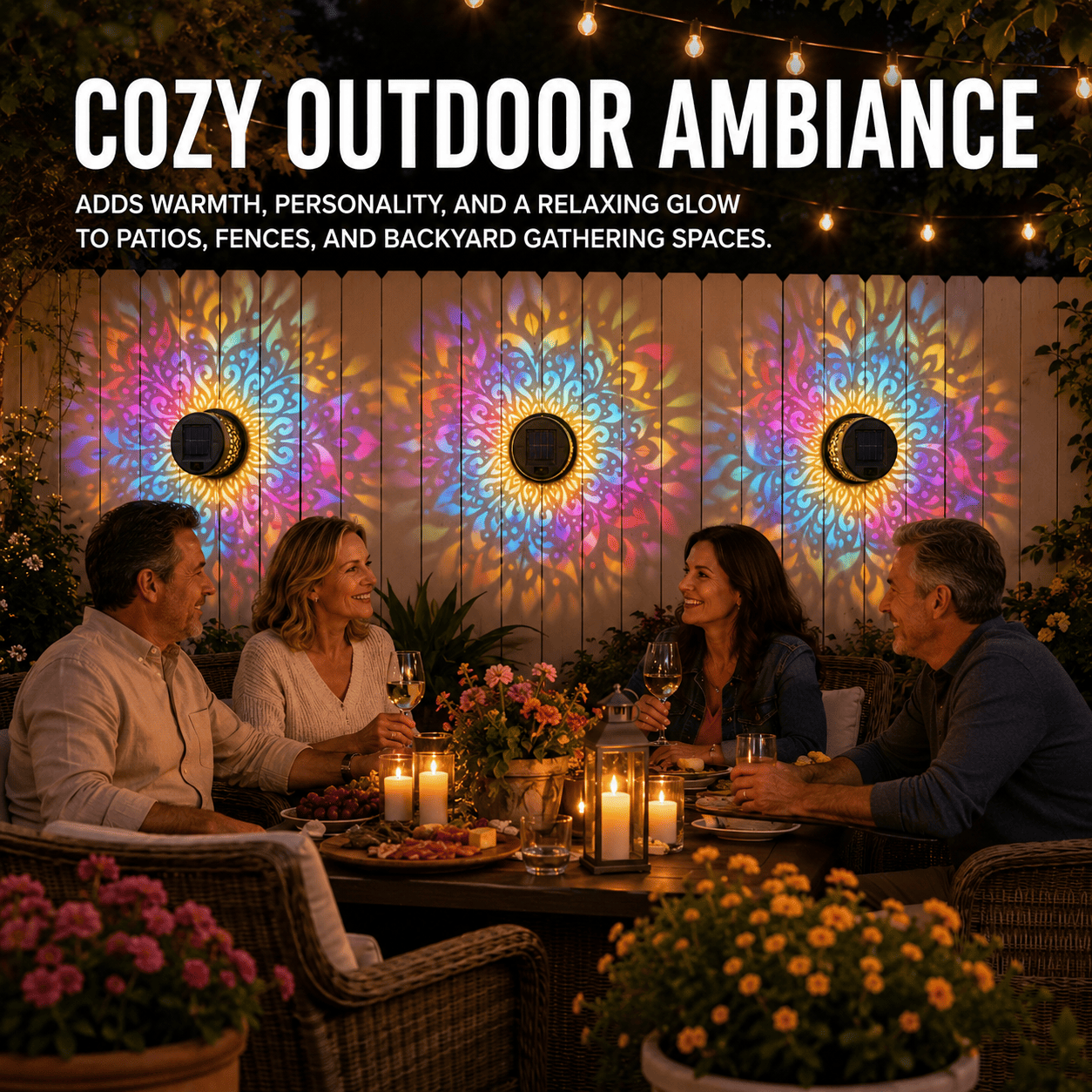 Solar Mandala Wall Light Outdoor Garden Fence Projector Lamp Patio Ambient Decor