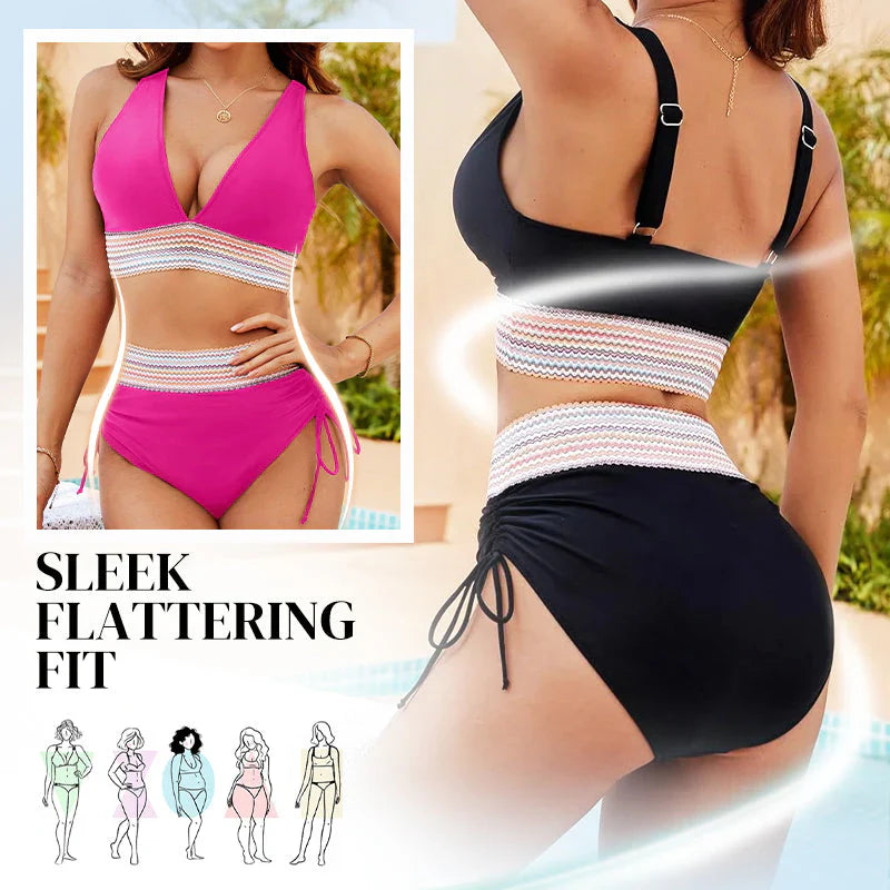 👙High Waisted Tummy Control Color Block Bikini Sets