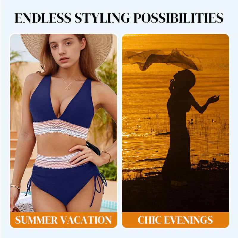 👙High Waisted Tummy Control Color Block Bikini Sets