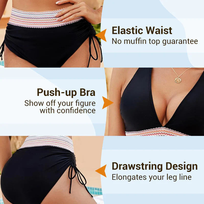 👙High Waisted Tummy Control Color Block Bikini Sets