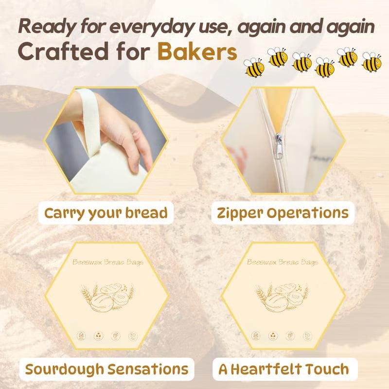 🔥🍞Wide Zipper Access Cotton & Beeswax Bread Bags for Sourdough