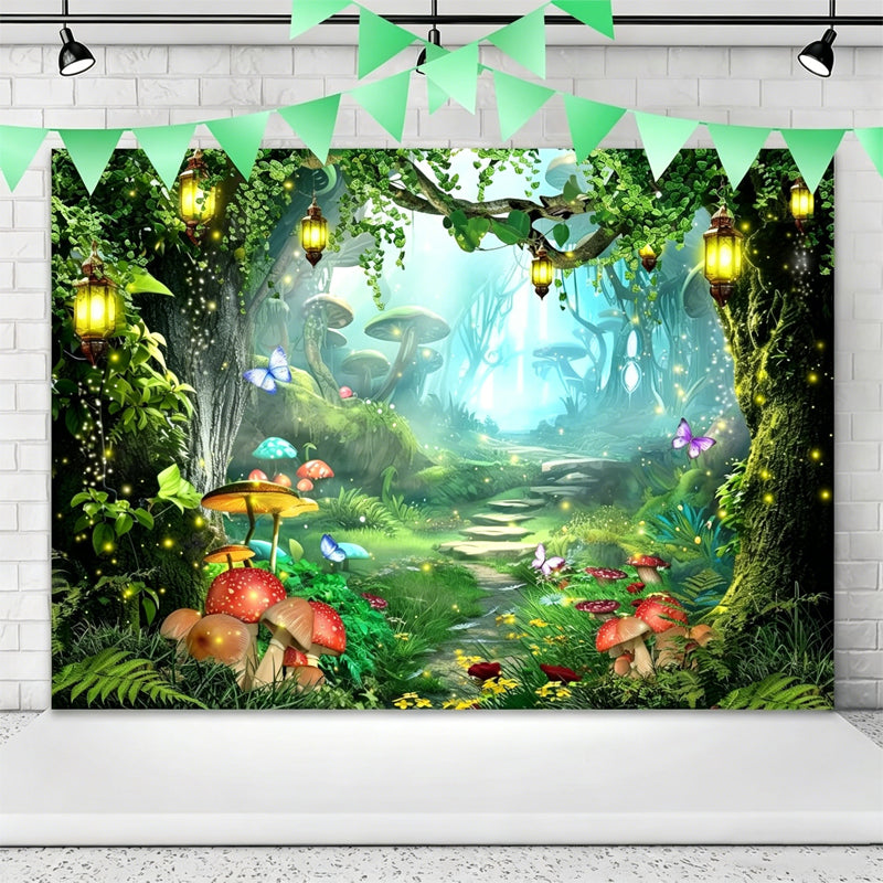 Magical Forest Floral & Butterfly Backdrop Banner — Outdoor Birthday Party Scene Decoration