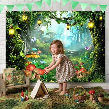 Magical Forest Floral & Butterfly Backdrop Banner — Outdoor Birthday Party Scene Decoration