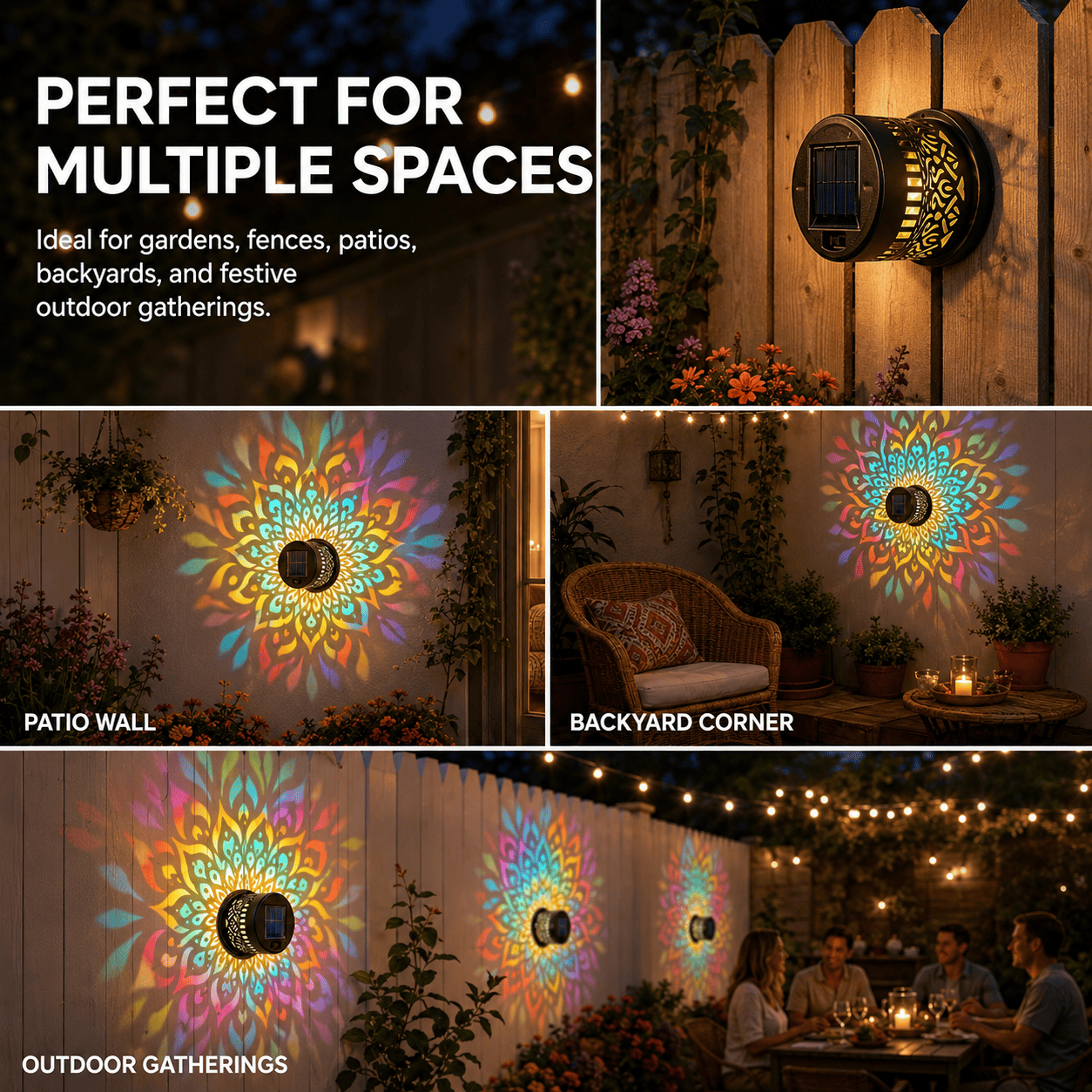 Solar Mandala Wall Light Outdoor Garden Fence Projector Lamp Patio Ambient Decor